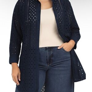 NWT Adiva Navy Blue Eyelet Button Blouse Tunic XL